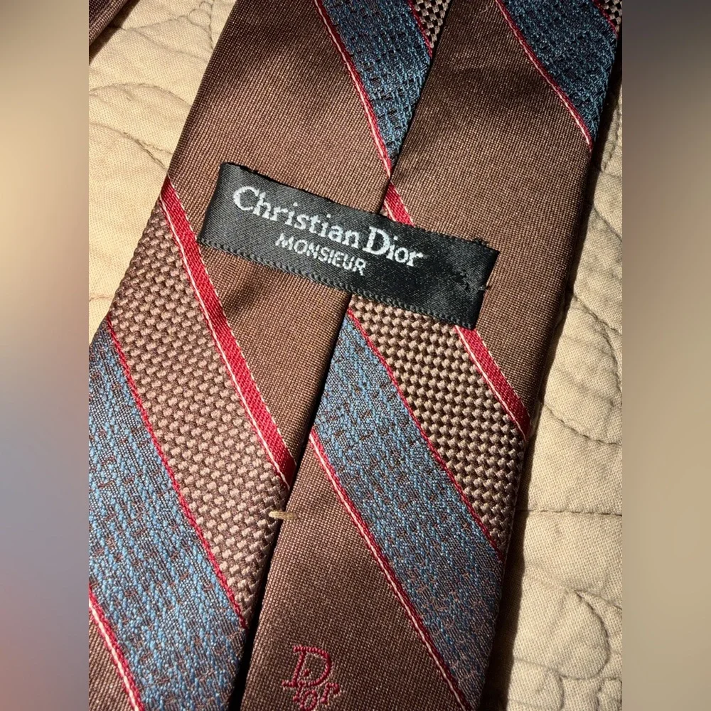 VTG 70s 80s Christian Dior Monsieur Brown Red Blue Striped Tie, Red Dior Logo